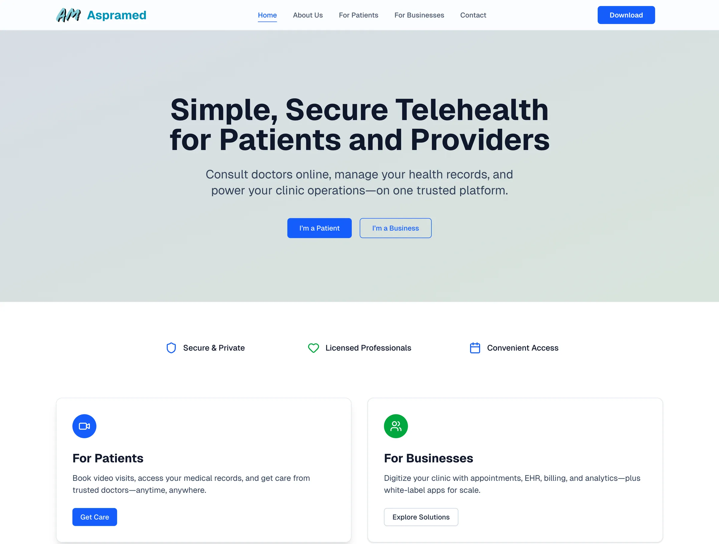 Aspramed home page offering telehealth for patients and providers