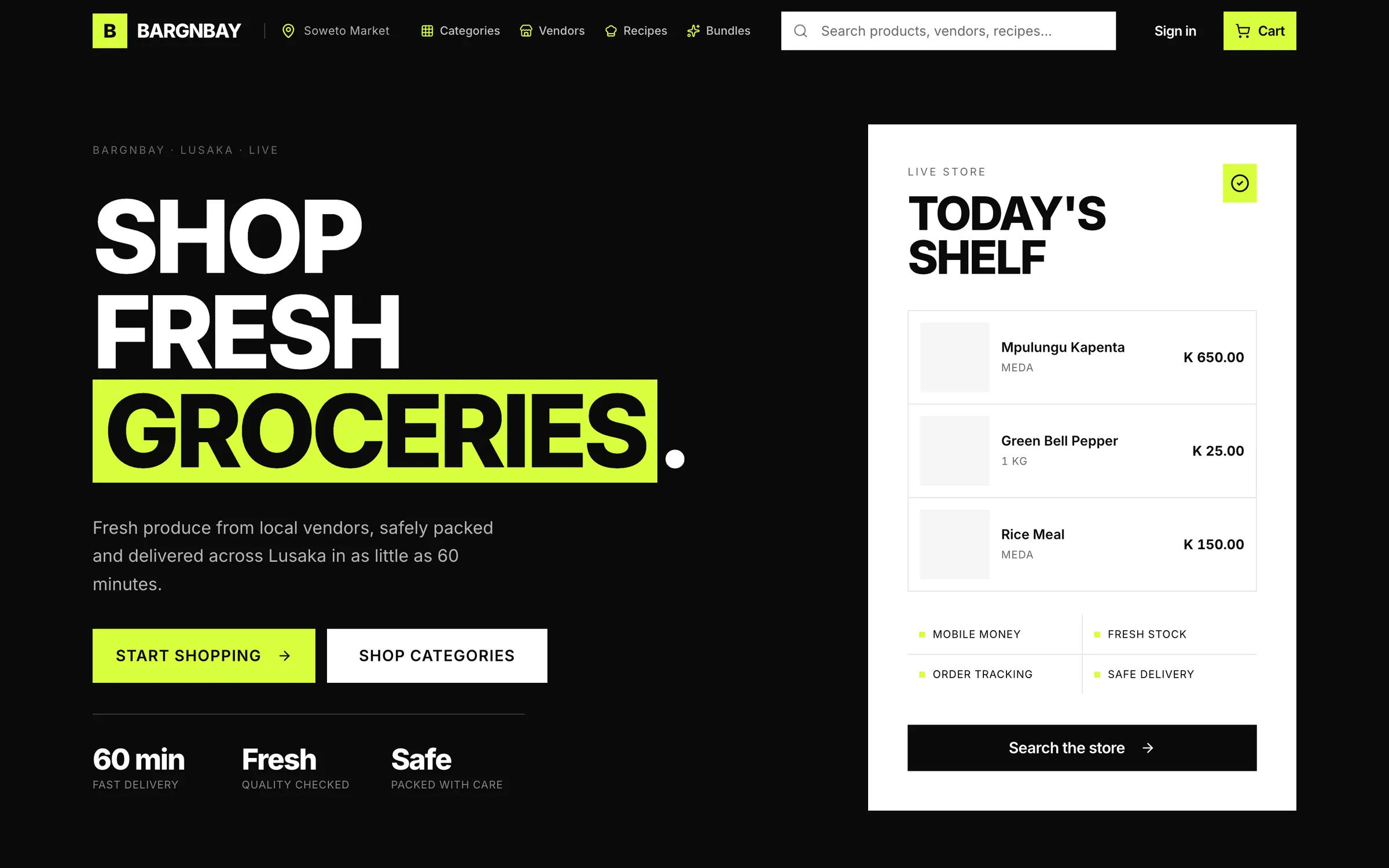 BargnBay storefront with the Soweto Market selected and today's shelf showing live vendor stock