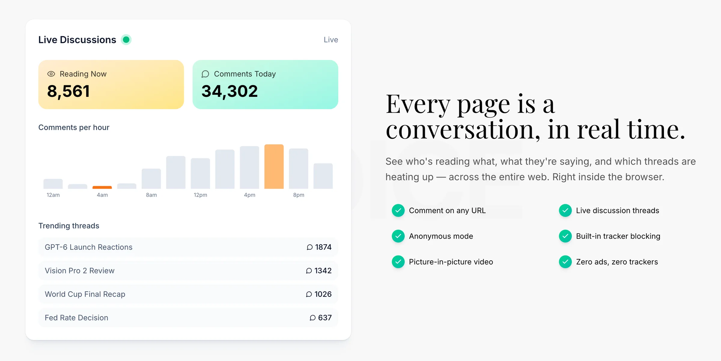 Browser Express home page section titled Every page is a conversation, in real time, with an illustrated live discussions panel and a feature checklist