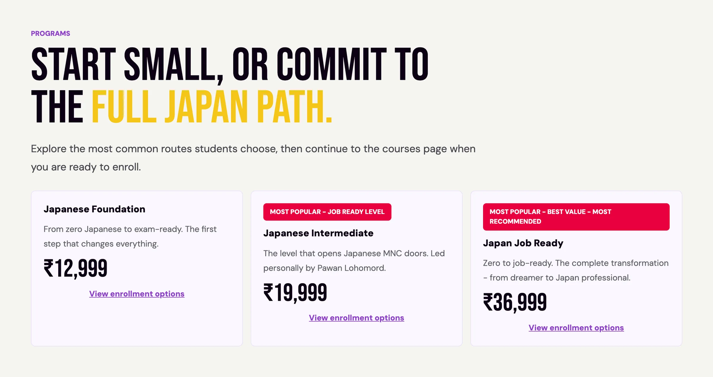 RRJ Academy programs section with three course cards, Japanese Foundation, Japanese Intermediate and Japan Job Ready, each with a price in rupees and a link to enrolment options