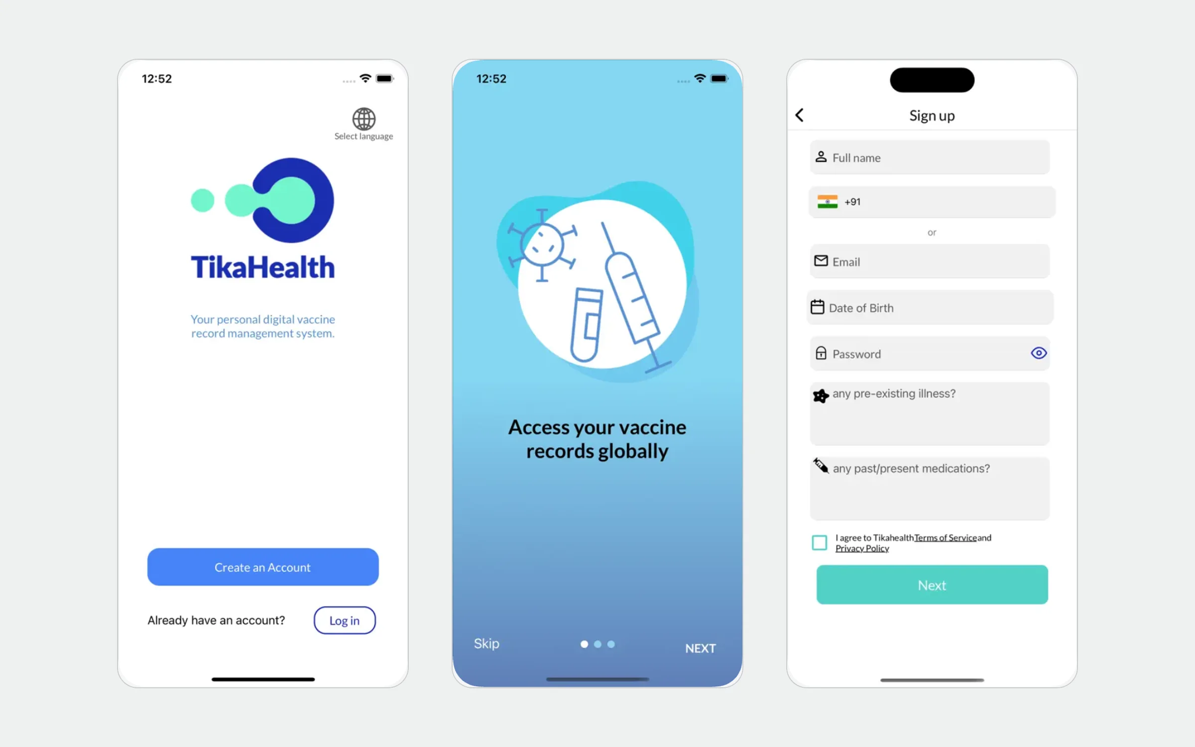 Three TikaHealth app screens: welcome, vaccine records onboarding and account sign up