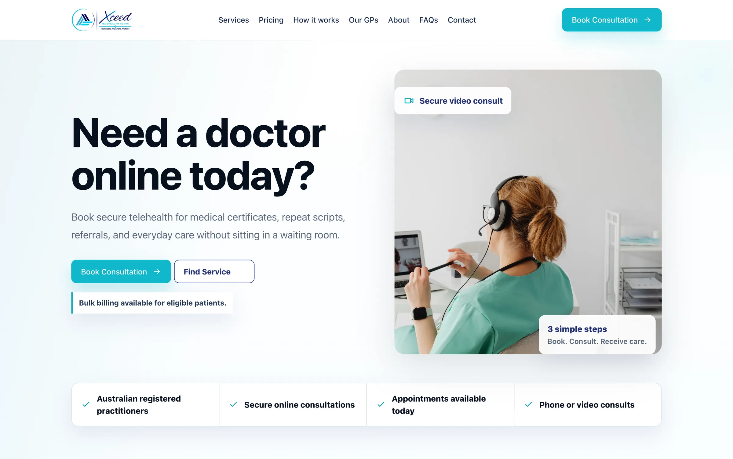 Xceed Telehealth home page with the headline Need a doctor online today?, booking buttons, a bulk billing note, a photo of a clinician on a video call and a strip of trust points