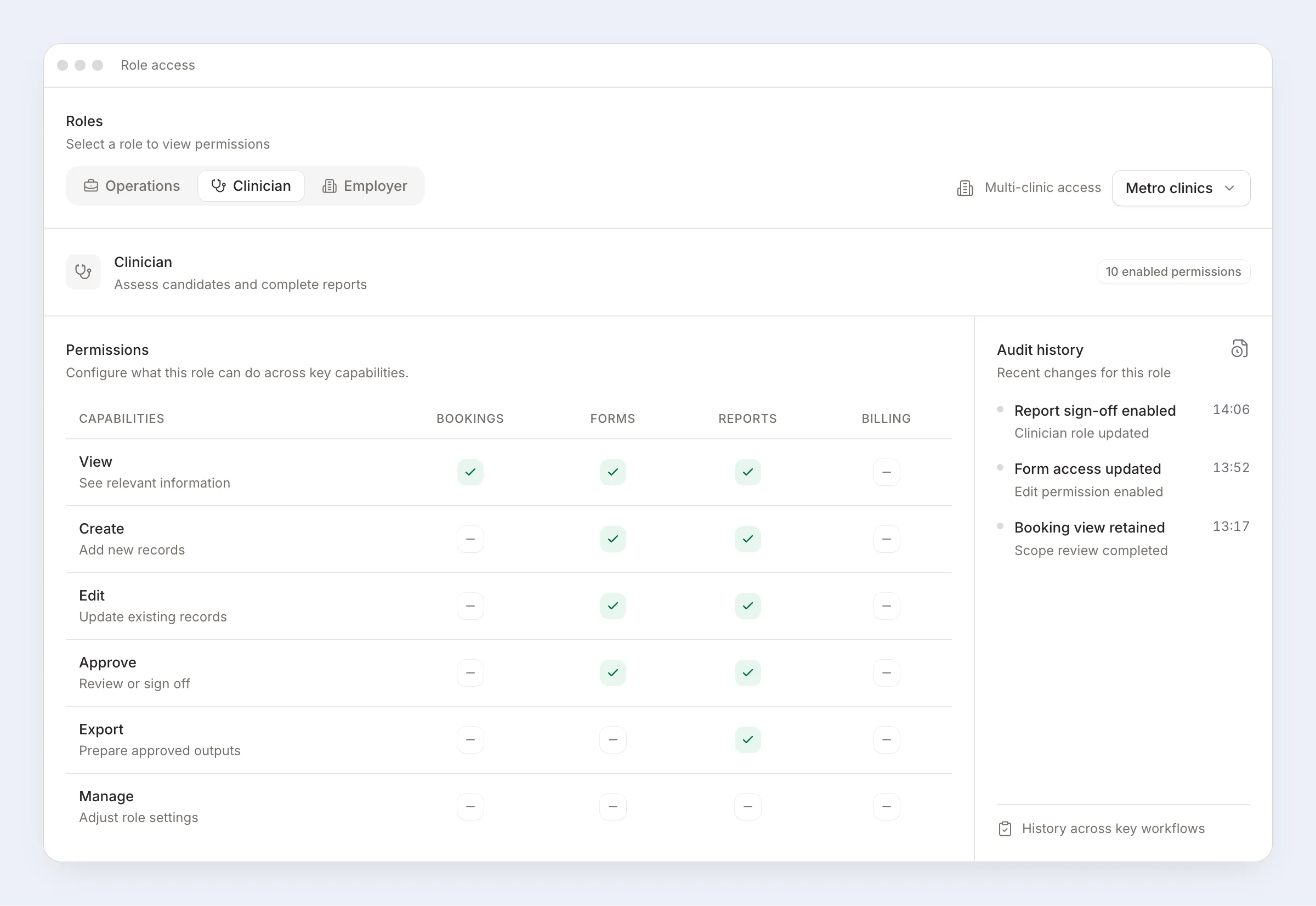 Illustration of CareTracker role access with sample data: clinician permissions across bookings, forms, reports and billing, beside an audit history