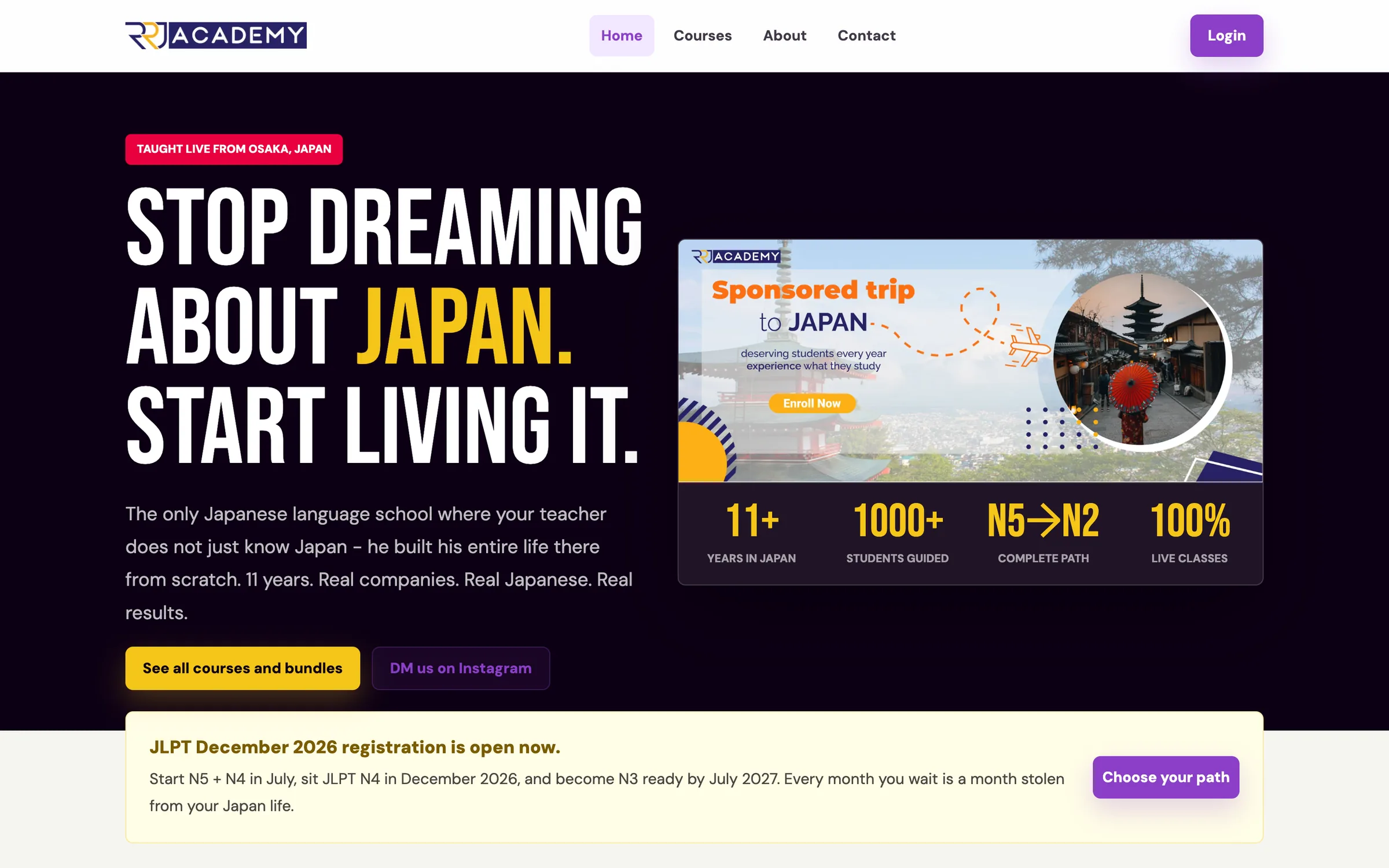 RRJ Academy home page with the headline Stop dreaming about Japan. Start living it., buttons for courses and Instagram, a promotional card and a JLPT registration banner