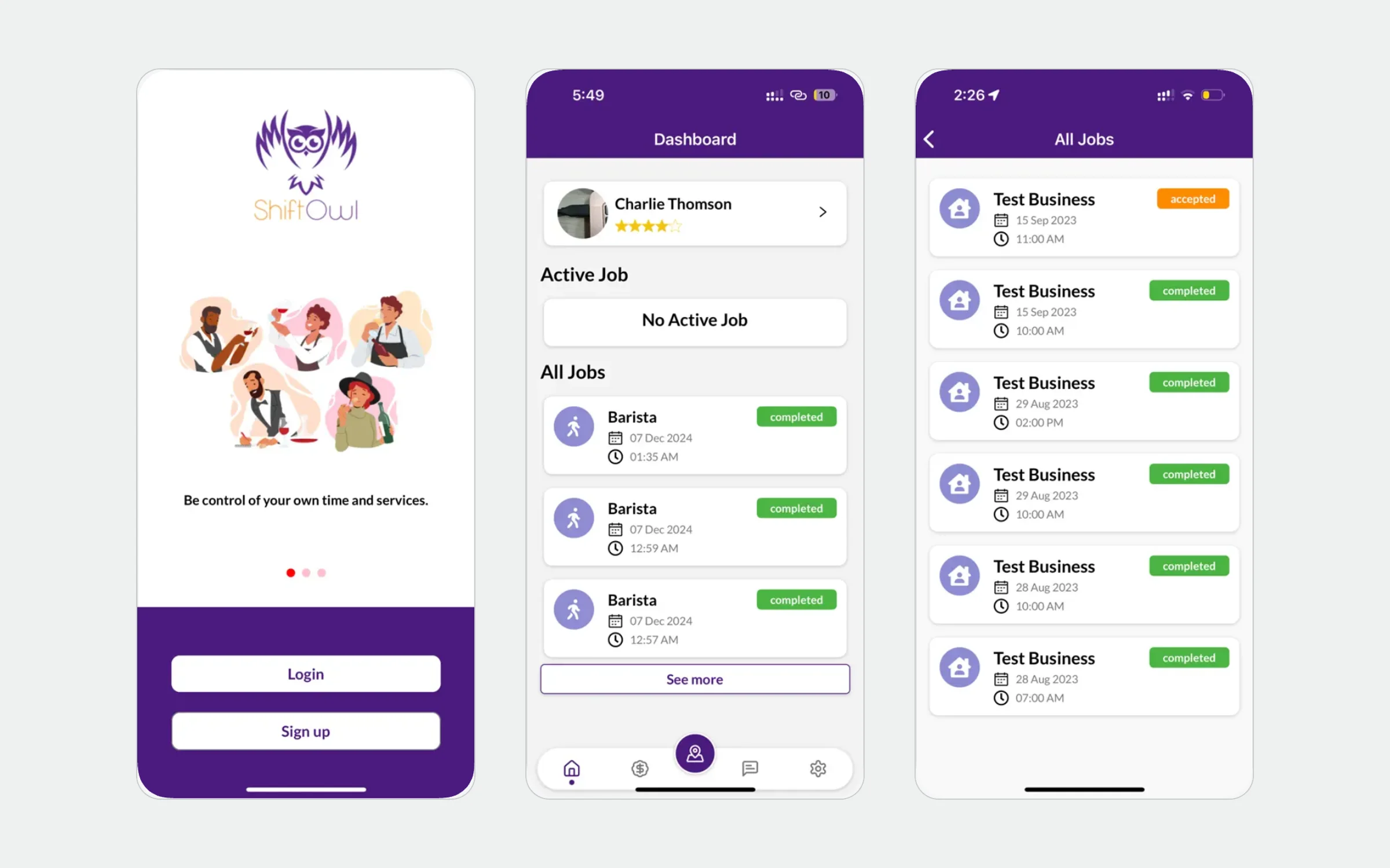 Three ShiftOwl app screens: onboarding, the worker dashboard and the list of completed jobs