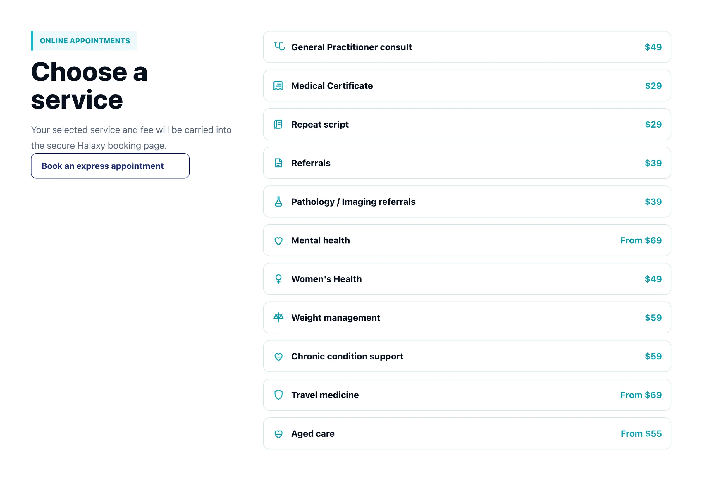 Xceed Telehealth booking page listing eleven services with their fees, from a $29 medical certificate to travel medicine from $69, beside a note that the chosen service and fee carry into Halaxy